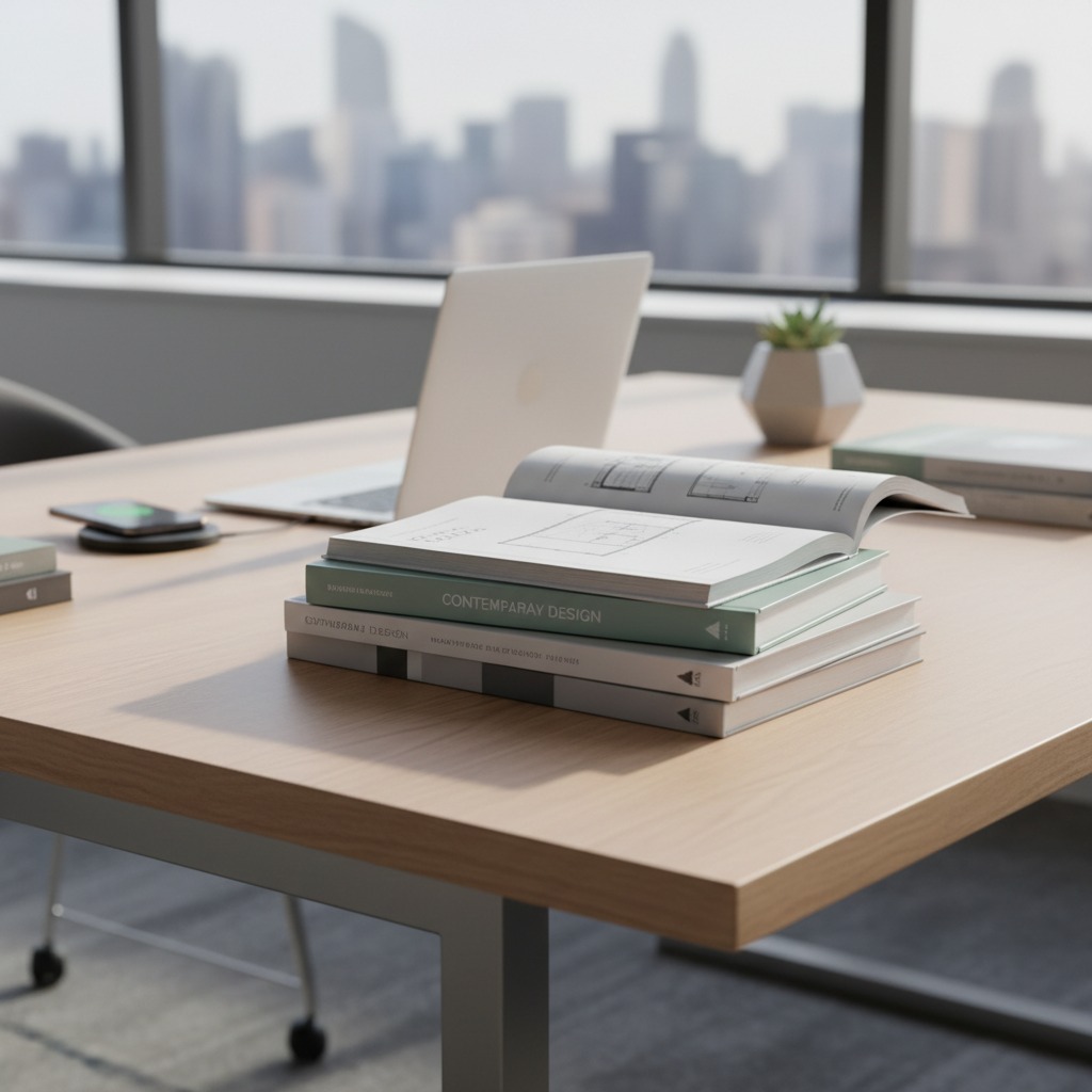 Una pila di libri di design su una scrivania in legno davanti a una finestra con vista sullo skyline della città.